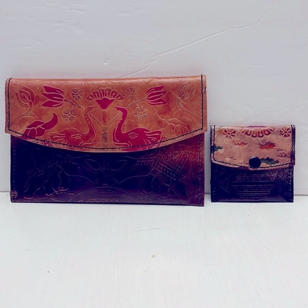 Embossed Leather Elephant Clutch Purse with Matching Change Purse